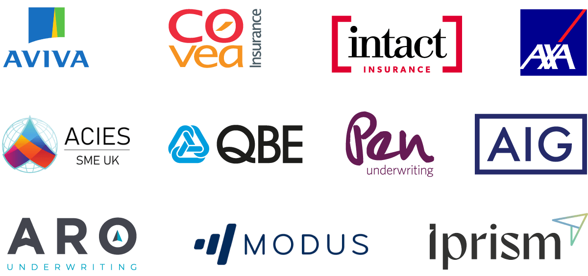  Logo bar with icons for Protect Commercial insurance partners. From left to right logos are: Aviva, Covea Insurance, RSA, Ageas, NIG, QBE and AXA