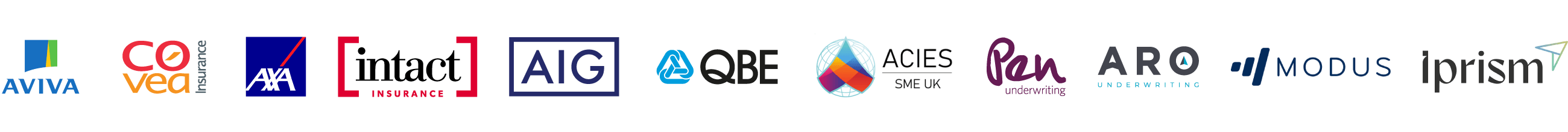  Logo bar with icons for Protect Commercial insurance partners. From left to right logos are: Aviva, Covea Insurance, RSA, Ageas, NIG, QBE and AXA